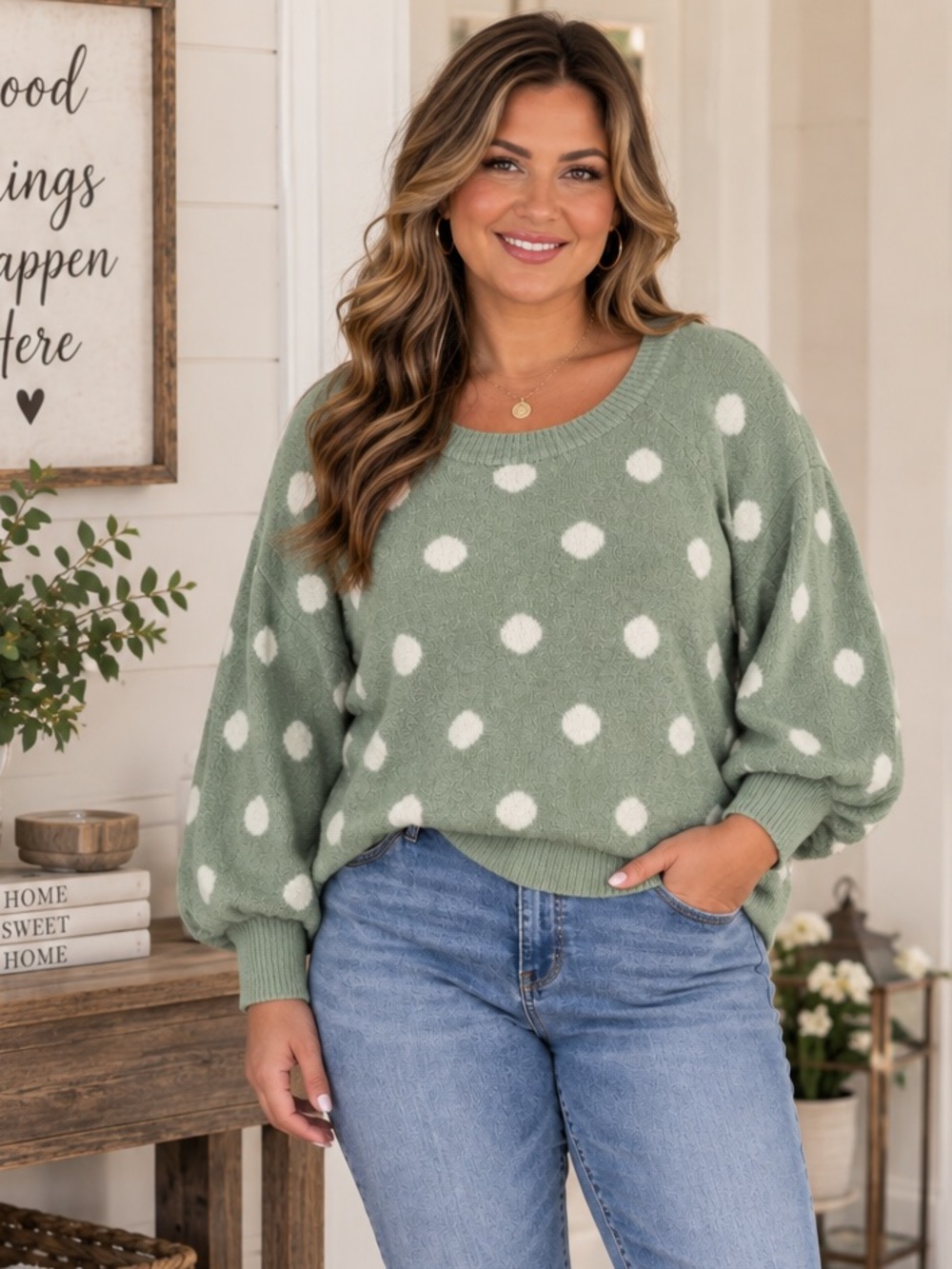Large LC Lauren Conrad Green and White Polka Dot Sweater